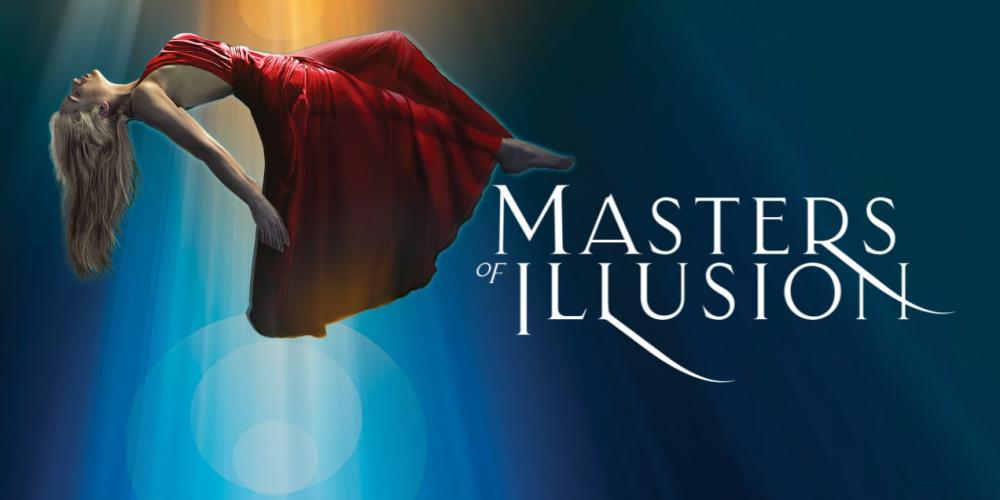 woman with blonde hair in a red dress floating chest up with a light coming down over her. the words "masters of Illusion" are written next to her