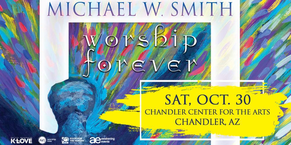 The image has a background of bursting rainbow colors with the title Michael W Smith, Worship Forever across it. There is a blue figure with arms stretched up to the sky. 
