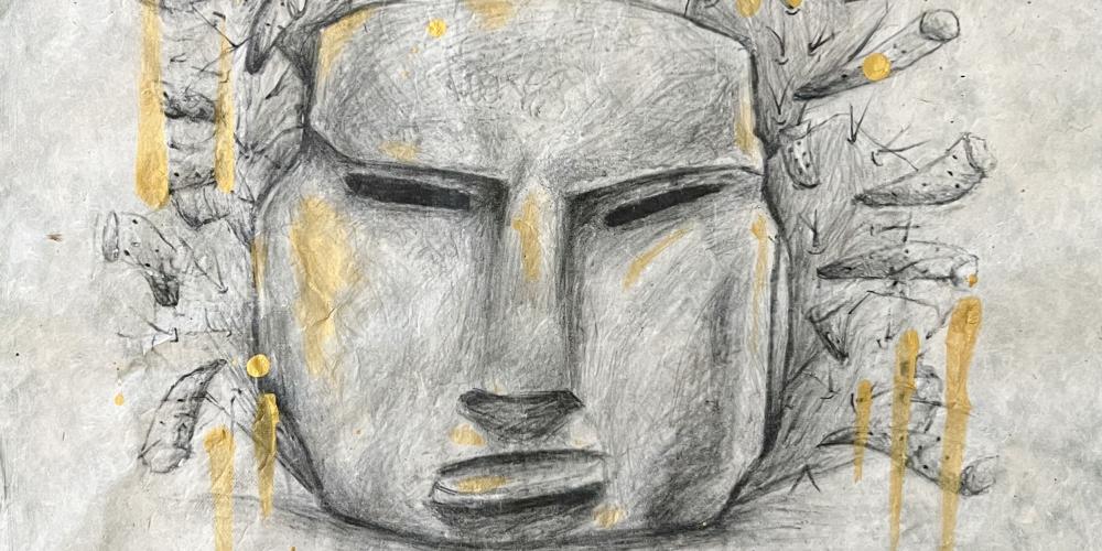 drawing of a face with cacti coming out of the head with gold paint lines surrounding 