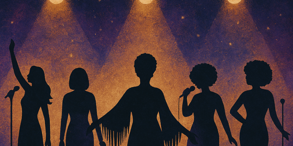 silhouettes of singers on stage under spotlights against purple background