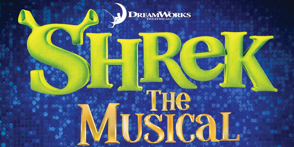 Shrek in green font in front of a sparkly blue textured background