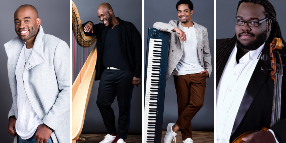 4 headshots of performers with their instruments including a harp, keyboard and cello.
