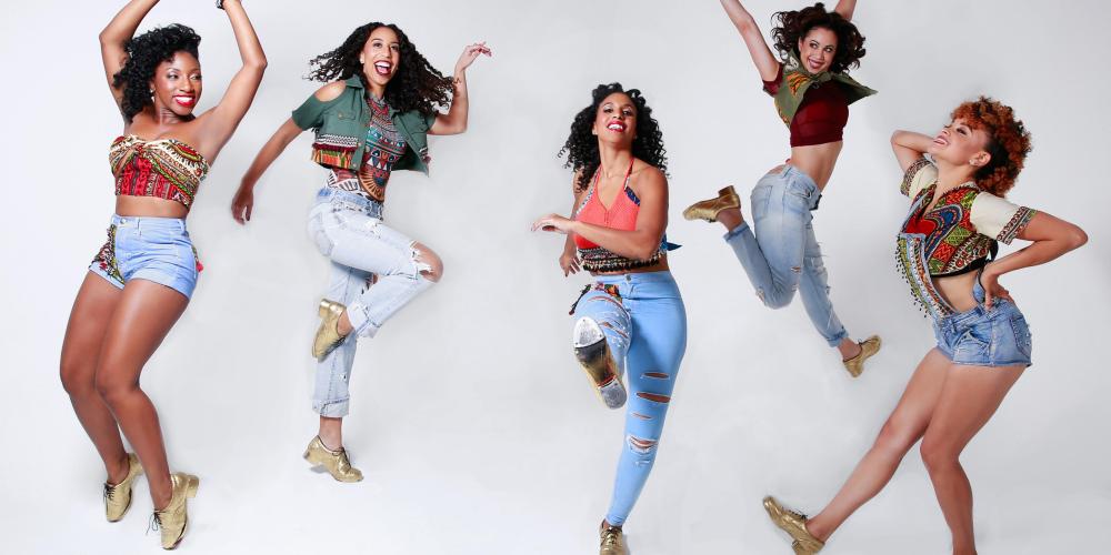 Five women pose in different dance moves from jumping to kicking