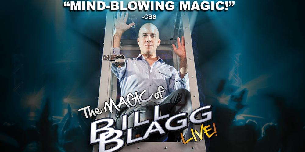 A bald man wears a button up shirt and slacks, sitting in a glass box. Text says "Mind-blowing magic!"