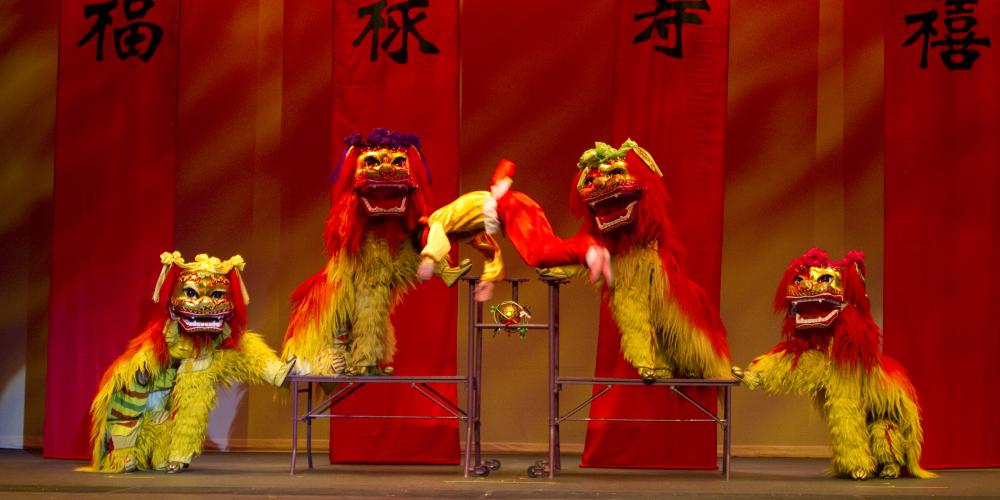 Four colorful red and green Chinese Dragons on stage with a tumbling acrobat