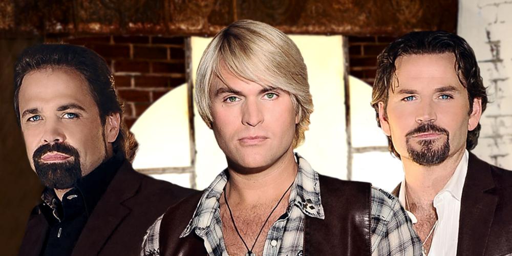 Three men - two with brown hair and beards, one with blond hair, wear cowboy shirts and vests