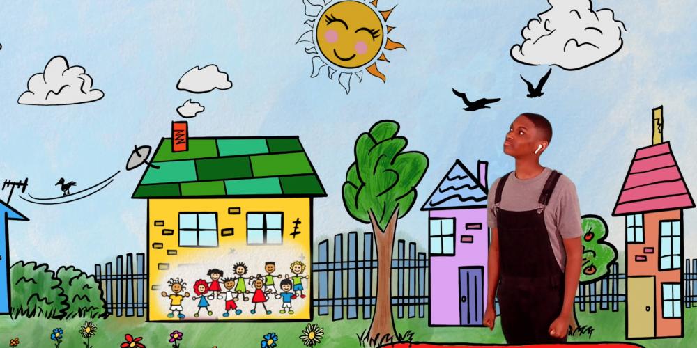 Image of Jabari - a young boy - viewing his painting of a peaceful community with blue skies and smiling sun, houses with flowers