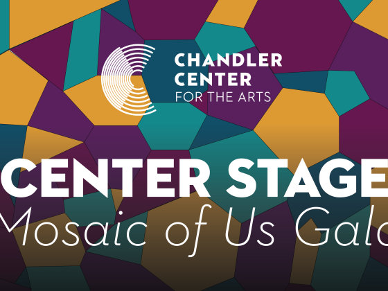 Colorful mosaic background with the white text "Center Stage Mosaic of Us Gala"
