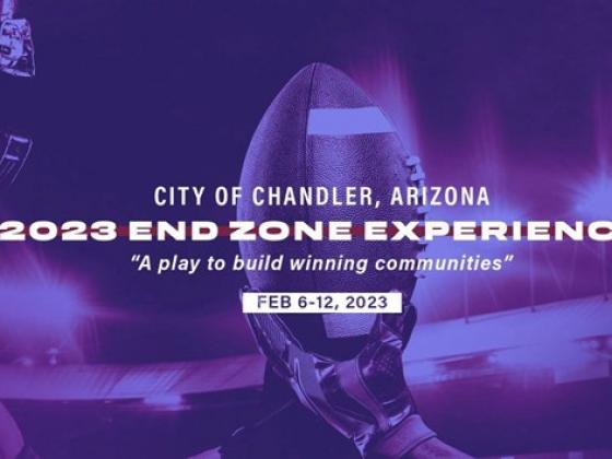 2023 End Zone Experience: Touchdown Sports and Education Purple image of a football and text that proclaims City of Chandler 2023 End Zone Experience