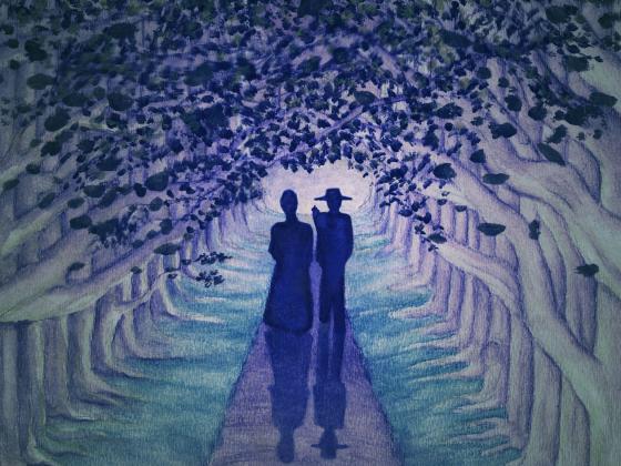 A watercolor image in purples and blues depicts the silhouette of two people walking down a tree lined avenue
