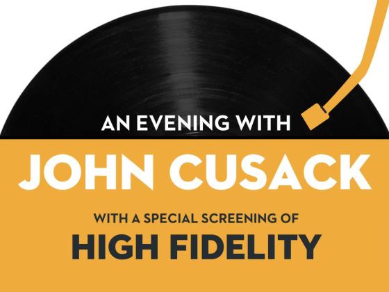 a record player over the words an evening with john cusack and a headshot of a man with brown hair to the right