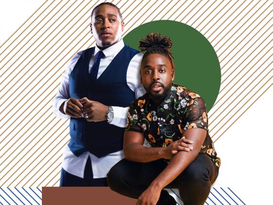 Chandler Center for the Arts presents An Evening with Mykal Kilgore and Jamison Ross Two men face the camera, one is standing and wearing a white shirt, tie and vest. The other is sitting low with a dark shirt and dark pants.