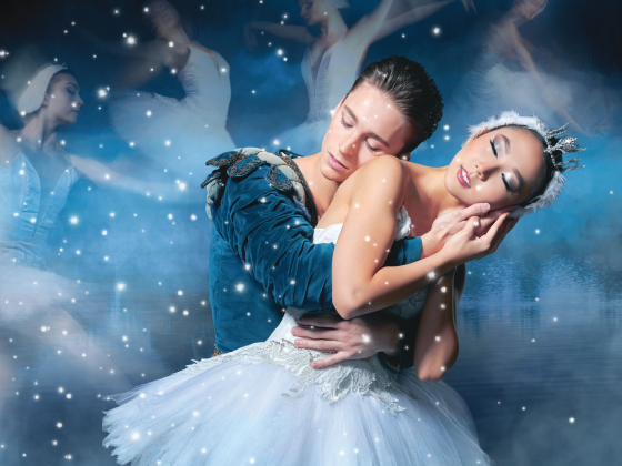two ballerinas dancing in the night sky with the words "Ballet Under the Stars" presetnted by Ballet Arizona written across the top