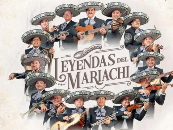 Mariachi musican headshots form a circle around the words Leyendas del Mariachi