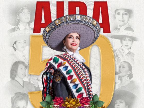 50 years singing to Mexico Aida Cuevas dressed in mariachi attire with images of her throughout the years