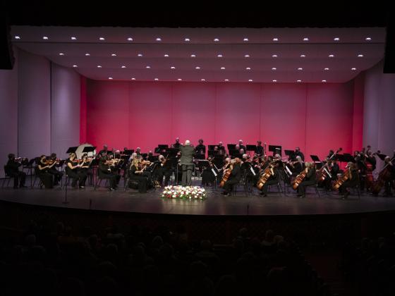 Photo of Chandler Symphony Orchestra against a pink backdrop