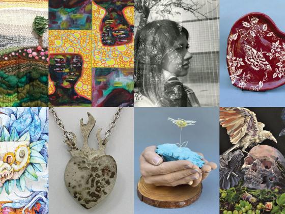 eight different images with fabrics and paint.