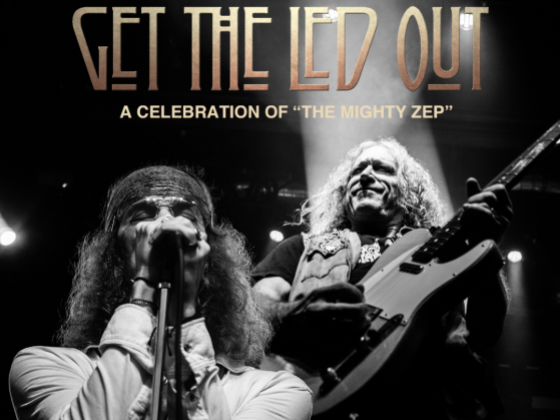 Black and white "album cover" style graphic with singer and guitar player on stage and the words "Get The Led Out"