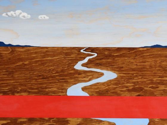 painted desert landscape with a river flowing down the middle into the distance. There is a thick red line across the bottom of the artwork and clouds in the sky. There are mountains in the distance.