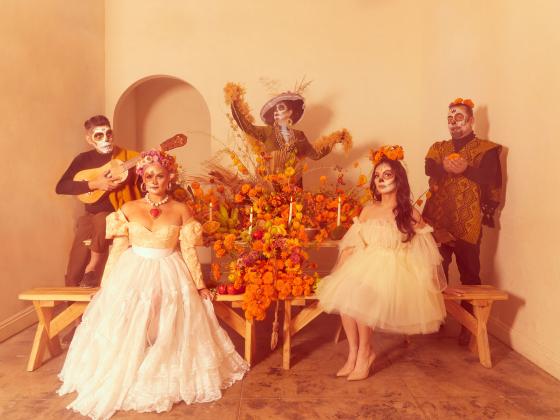 Chandler Center for the Arts presents Las Cafeteras in Hasta La Muerte Five people pose, dressed in costumes and faces painted skeletons