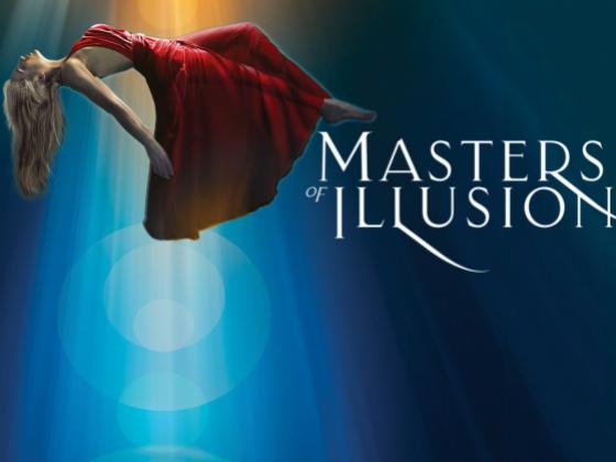 woman with blonde hair in a red dress floating chest up with a light coming down over her. the words "masters of Illusion" are written next to her