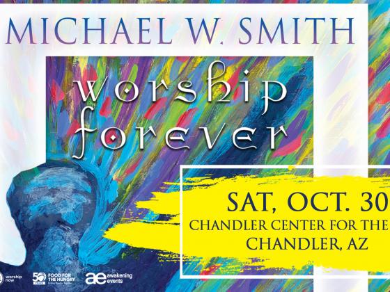 Michael W. Smith: Worship Forever The image has a background of bursting rainbow colors with the title Michael W Smith, Worship Forever across it. There is a blue figure with arms stretched up to the sky.