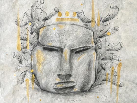 drawing of a face with cacti coming out of the head with gold paint lines surrounding 