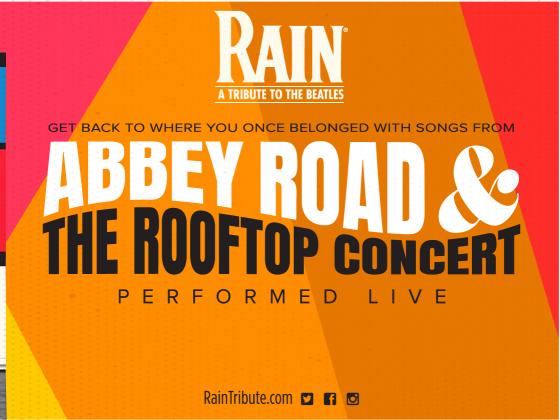 Bright images show four silhouettes crossing the street and also proclaim RAIN a tribute to the Beatles