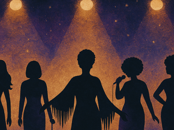 silhouettes of singers on stage under spotlights against purple background