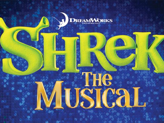 Shrek in green font in front of a sparkly blue textured background