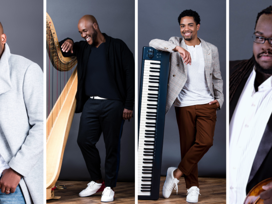 4 headshots of performers with their instruments including a harp, keyboard and cello.
