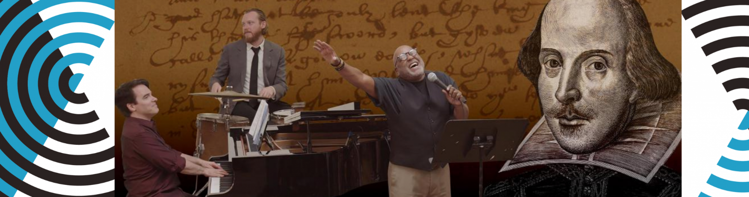 A vocalist, pianist, and drummer perform in front of a brown screen featuring a drawing of William Shakespeare.