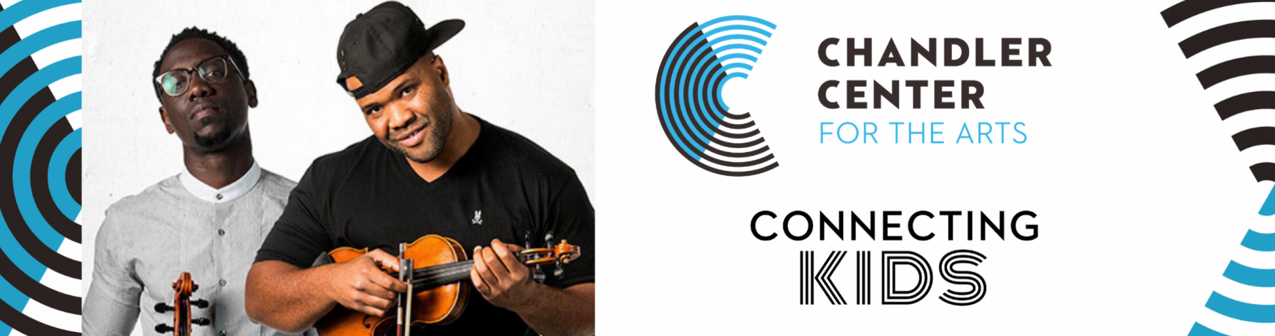 The two Black Violin performers pose next to the Chandler Center for the Arts Logo.