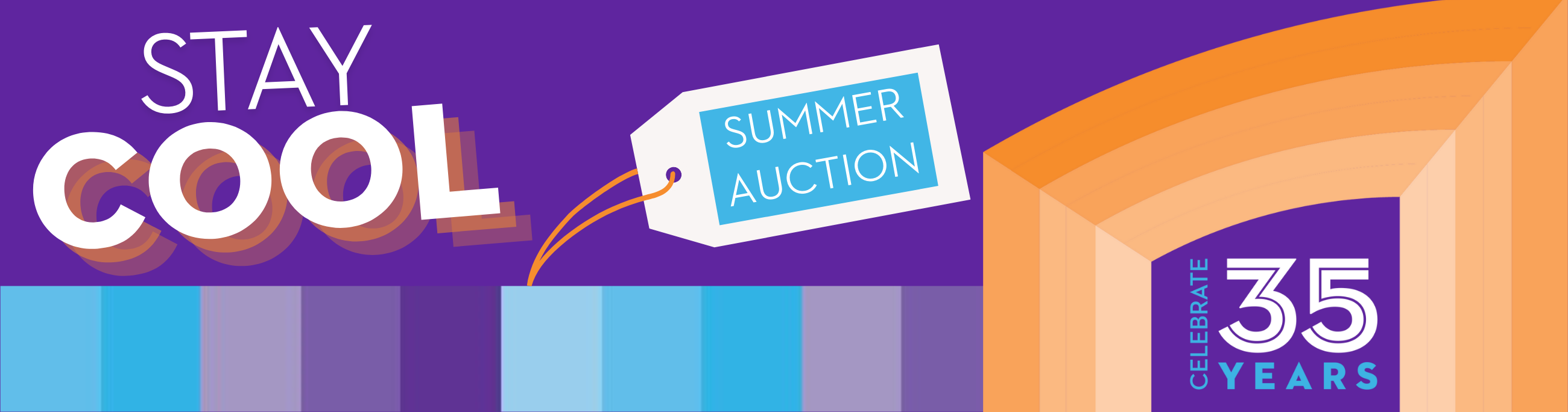 purple banner with the words "stay cool summer auction" listed across