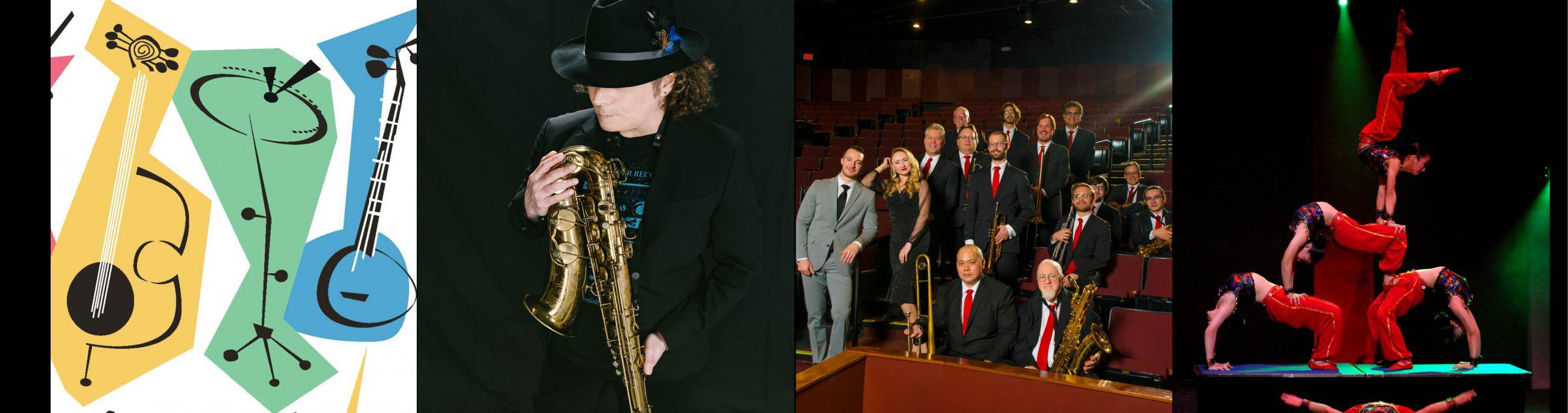 Four images depict the four shows on sale - Boney James, Glenn Miller, Disney Jazz and Peking Acrobats