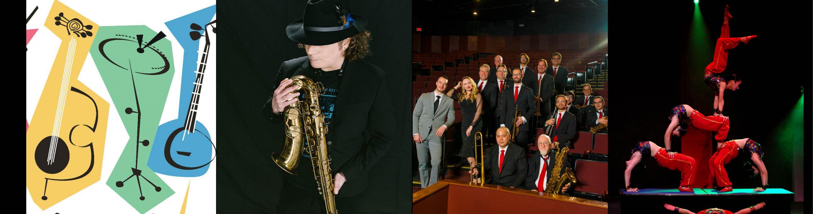 Four images depict the four shows on sale - Boney James, Glenn Miller, Disney Jazz and Peking Acrobats