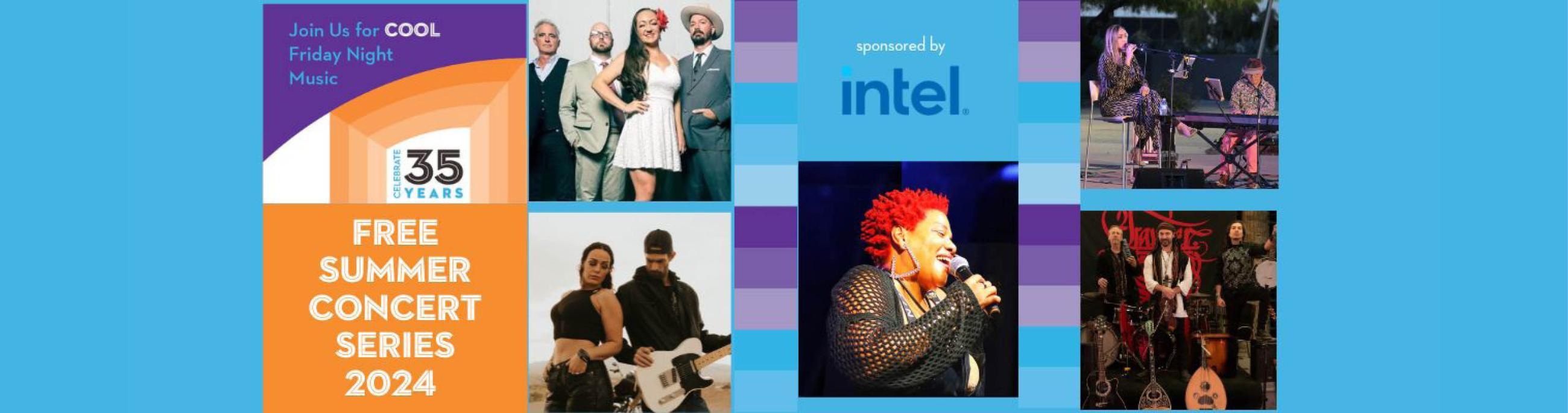 An image proclaims Free Summer Concert Series 2024 with images of three different performers highlighted.