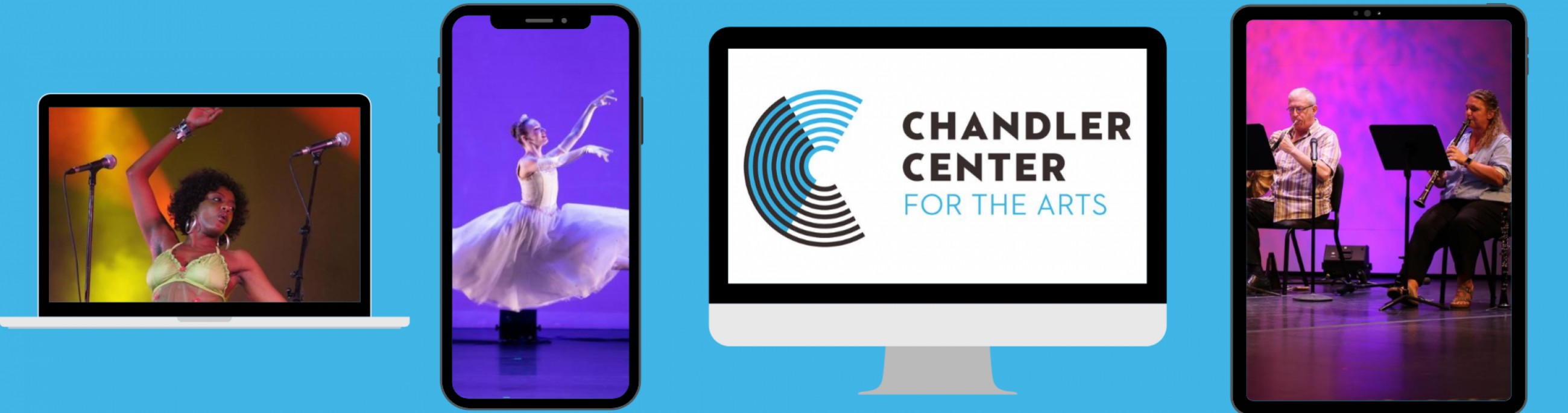A laptop, mobile phone, desktop, and tablet display CCA Anywhere artists on their screen.