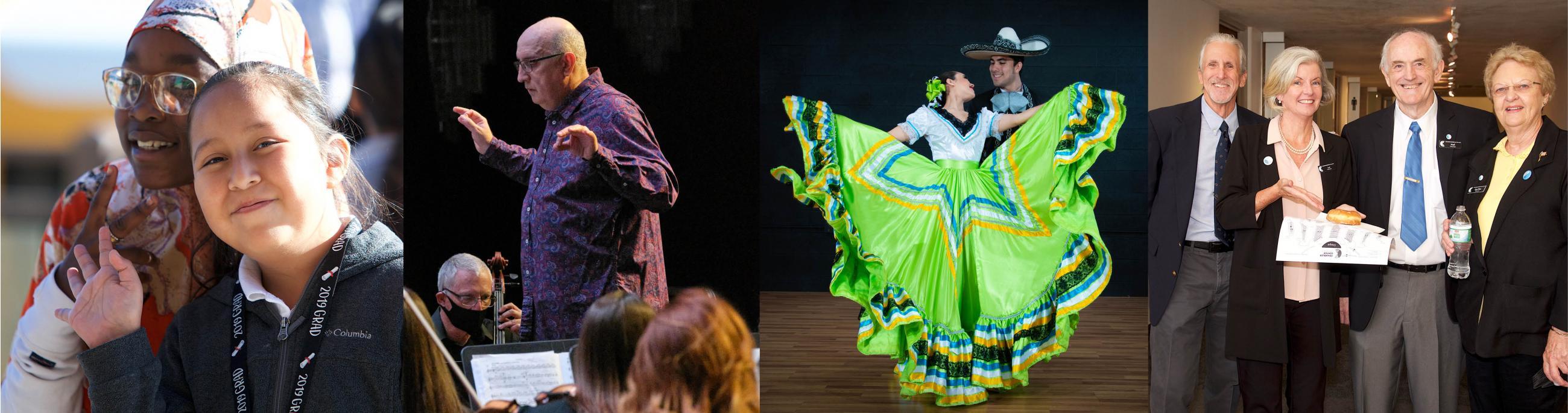 A collage of photos - smiling youth, symphony conductor, folklorico dancers, group of volunteers