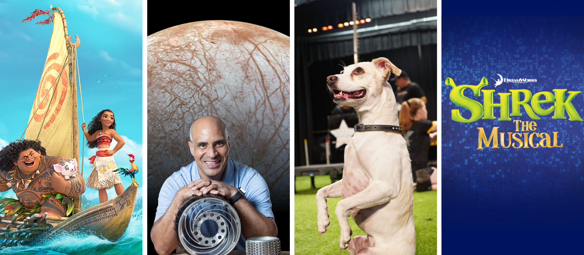 Moana art, Kobie Boykins with planet as background, dog sitting on hind legs, Shrek the Musical
