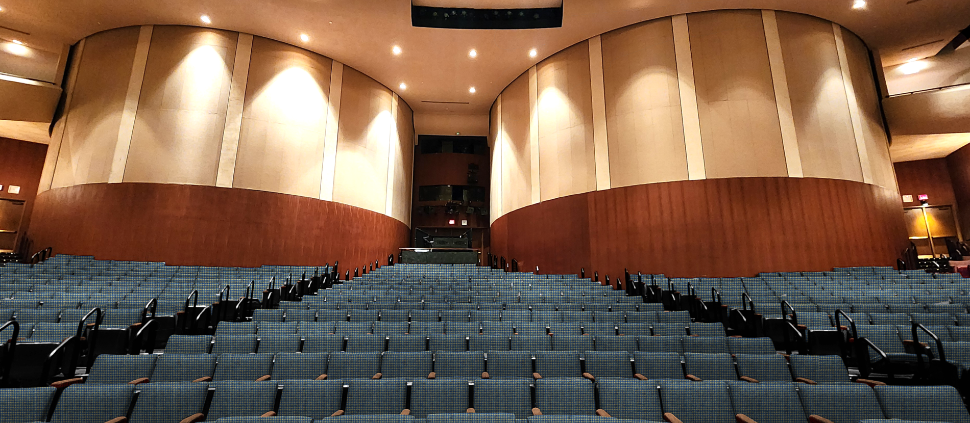 Renovated full theatre rendering with blue seats