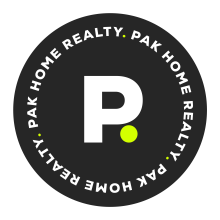 PAK Home Realty Logo with white letter P and yellow dot on a black circle