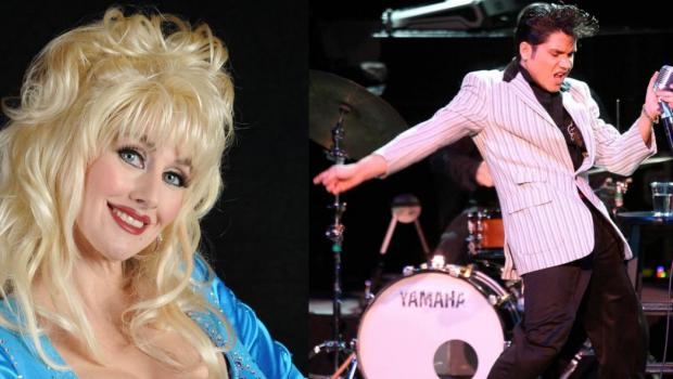image of tribute performers for Johnny Cash, Elvis and Dolly Parton