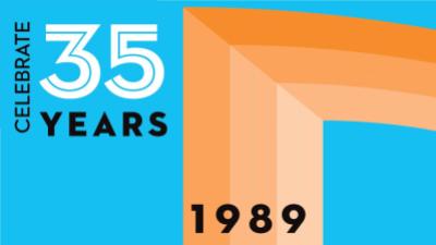 A blue background with an orange arch and text that says Celebrate 35 Years