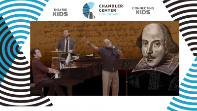 A vocalist, pianist, and drummer perform in front of a brown screen featuring a drawing of William Shakespeare.