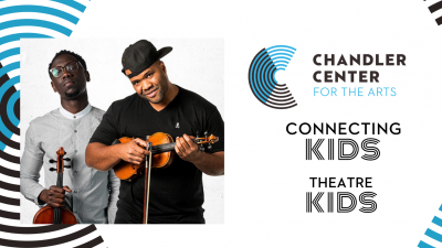 The two Black Violin performers pose next to the Chandler Center for the Arts Logo.