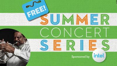 A green and white striped banner proclaims Free Summer Concert Series sponsored by Intel
