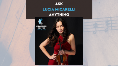 Lucia Micarelli with her violin. Title: Ask Lucia Micarelli Anything.