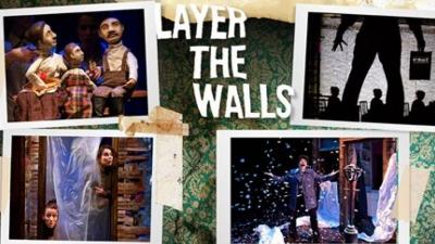 Snapshots from a stage performance of "Layer the Walls," featuring puppets and shadows.