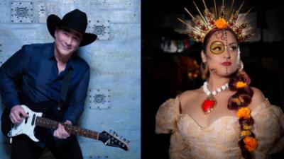 A collage of photos show four performers